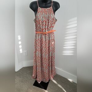 (NWOT) Sequins Hearts Geometric Print Maxi Dress with Orange Belt (Size Med)